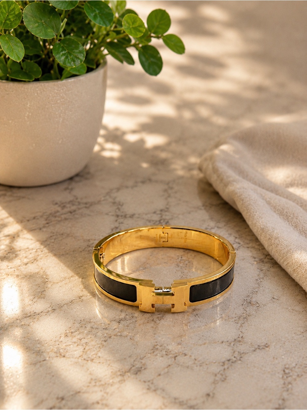 Gold & Black Enamel H-Cuff Bracelet | Statement Bangle